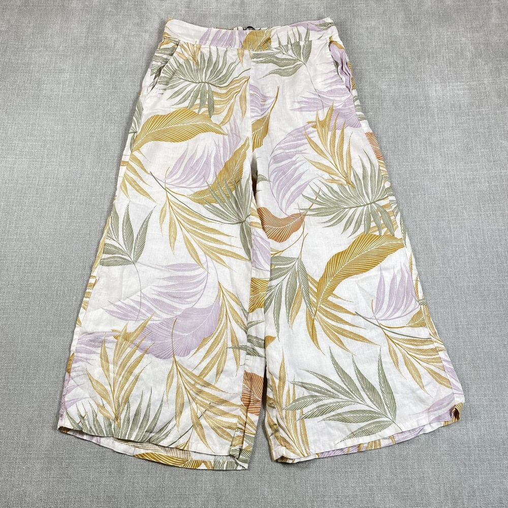 Tahari Pants Womens Large Multicolor Linen Cropped Wide Leg Elastic Waist